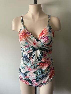 Jantzen Floral Botanical Tropical One Piece Swimsuit Ruched Size 8 Medium